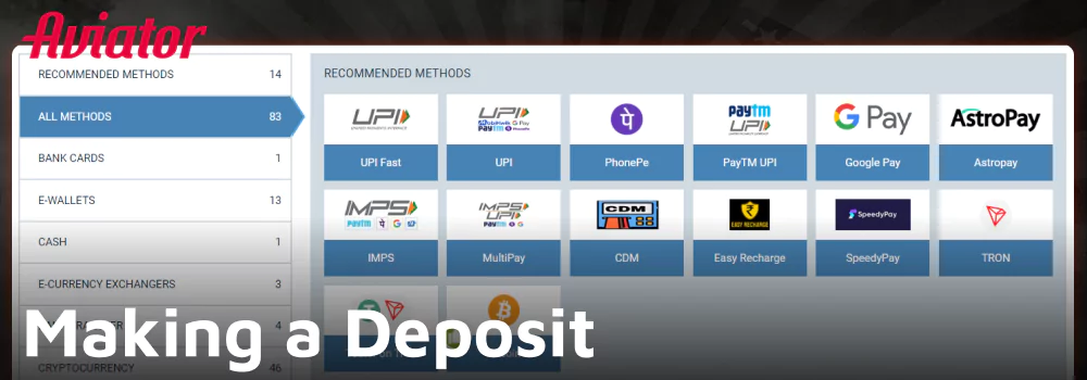 Make a deposit at 1xbet to play Aviator game